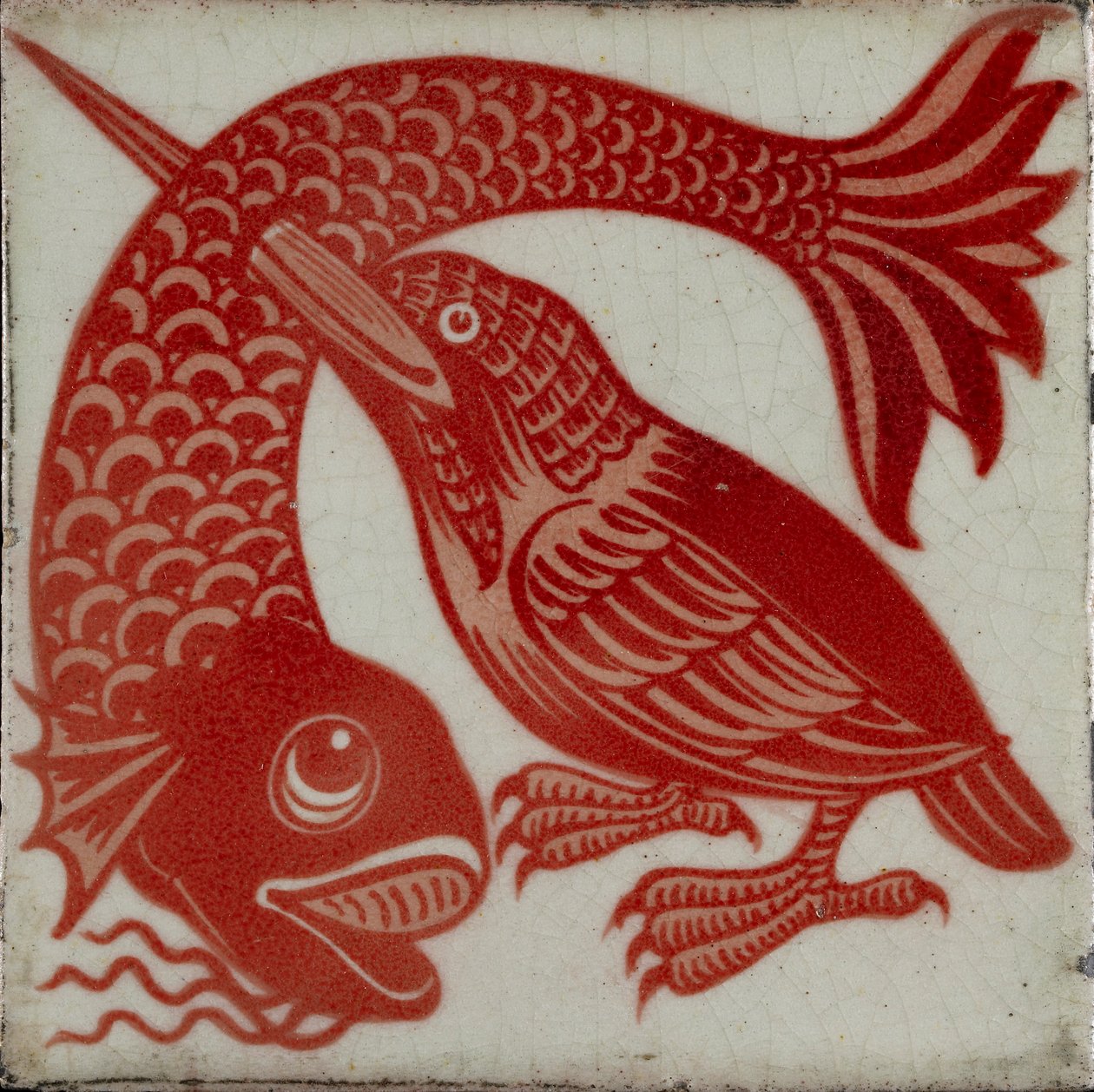 魚をくちばしでくわえたカワセミのタイル（1882-1888年 作： ウィリアム・フレンズ・ド・モーガン