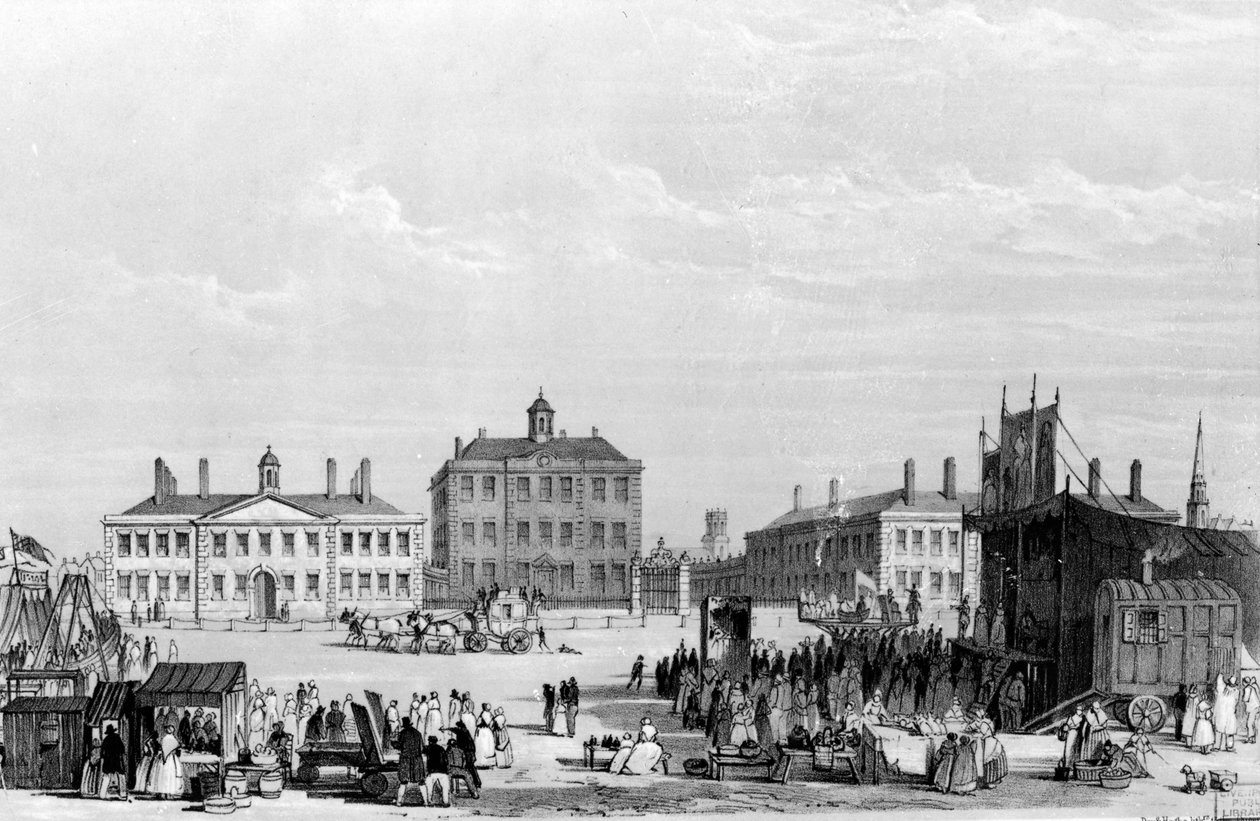 旧リバプール診療所とアルムスハウス、前景にはジョンクックのサーカス、1826年頃 作： ウィリアム・ギャビン・ハードマン