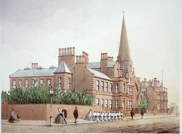 1864年に出版されたWilliam Gavin HerdmanとA.Pickeringの「Modern Liverpool Illustrated」に掲載されたOrphan Boys Asylum（カラーリトグラフ）。 作： ウィリアム・ギャビン・ハードマン