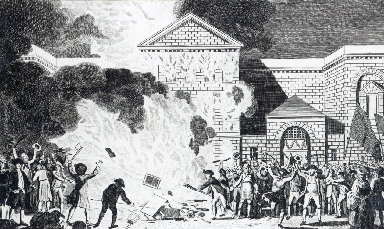 T.ソーントンが刻んだ1780年6月6日、ロンドンの暴徒がニューゲートの新刑務所を発砲し、アッカーマン氏の家具を焼却したときの荒廃 作： ウィリアム・ハミルトン