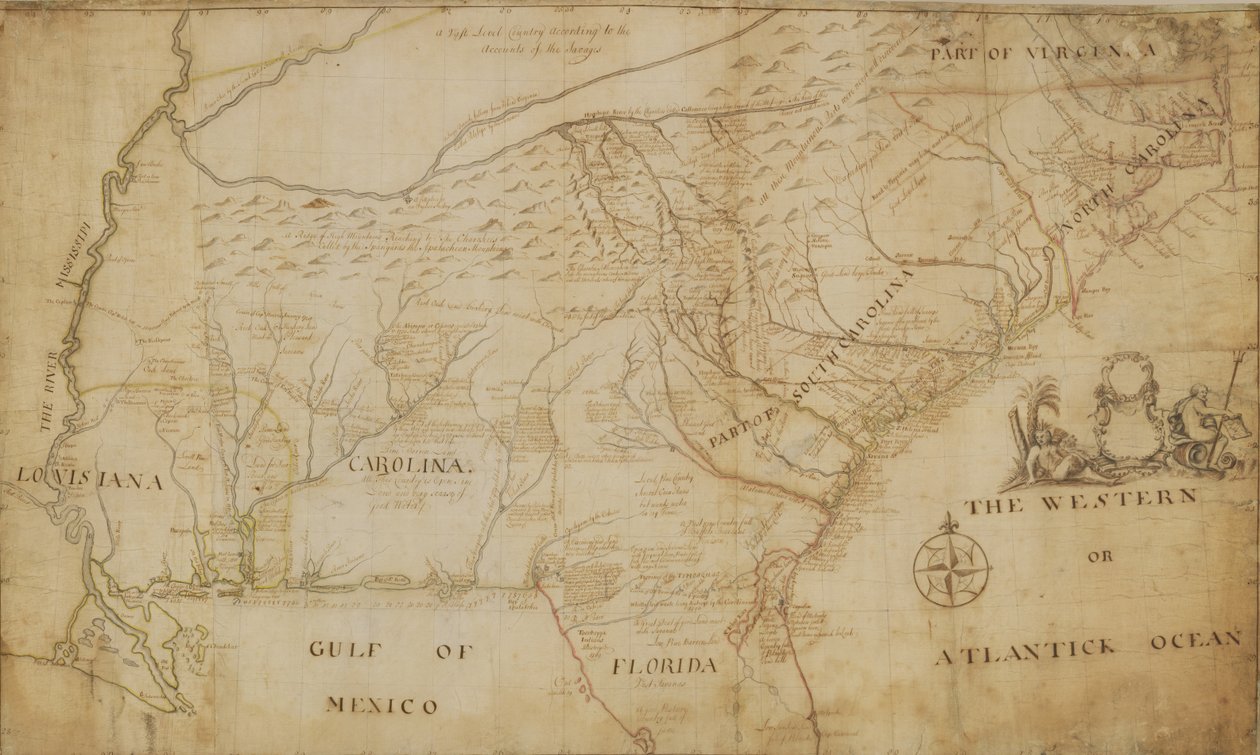 北アメリカ南東部の地図、1721年（ペンとインク、紙に洗って） 作： ウィリアム・ハマートン