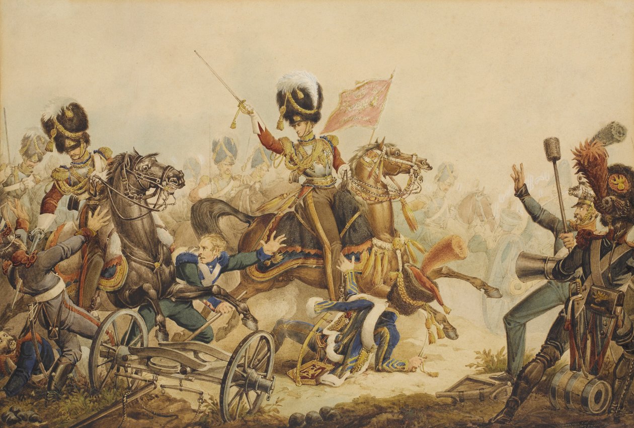 1815年、1820年のワーテルローの戦いで第1ライフガードがフランス大砲に突撃 作： ウィリアム・ヒース