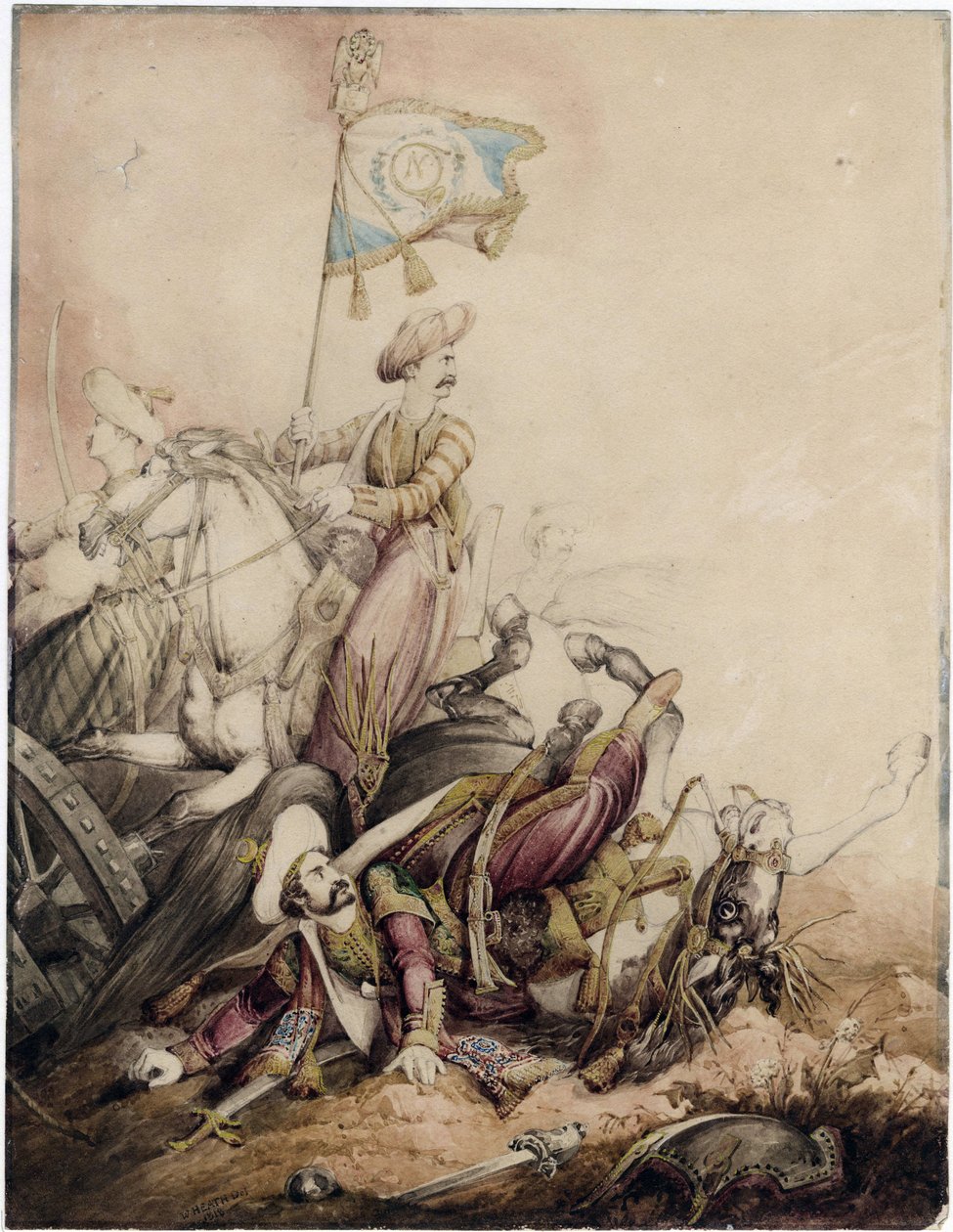 "Porte etendard mamelouk au combat" (戦闘中のマムルーク旗手) Aquarelle de William Heath (1795-1840) - 1818 Dim 33,5x25,9 cm Private Collection 作： ウィリアム・ヒース