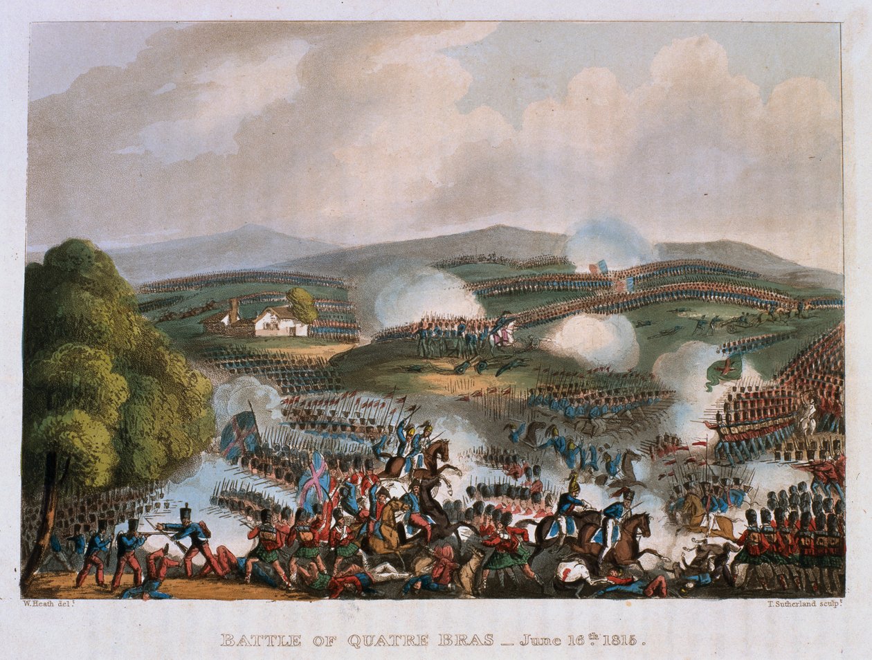 1815年6月16日のキャトルブラの戦い、トーマスサザーランド、1815年に彫刻（アクアチント色） 作： ウィリアム・ヒース