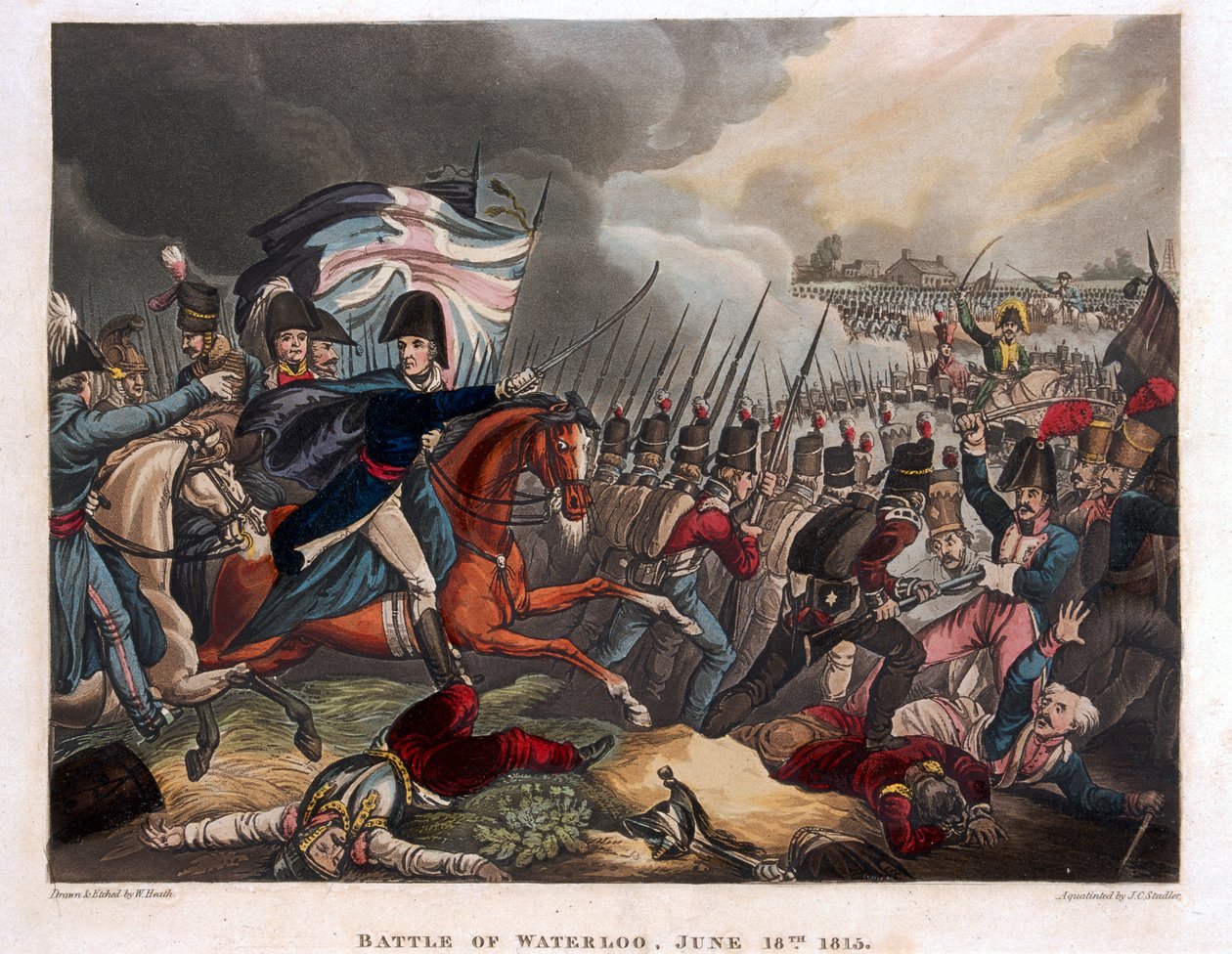 ウォータールーの戦いで軍隊が前進するウェリントン公爵（1769-1852）、シンタックス博士による物語詩のイラスト、1818年（着色されたアクアチント） 作： ウィリアム・ヒース