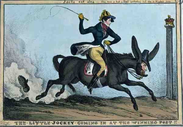 "The Little Jockey Coming in at Winning Post!!!", c.1831 （カラー・エッチング） 作： ウィリアム・ヒース