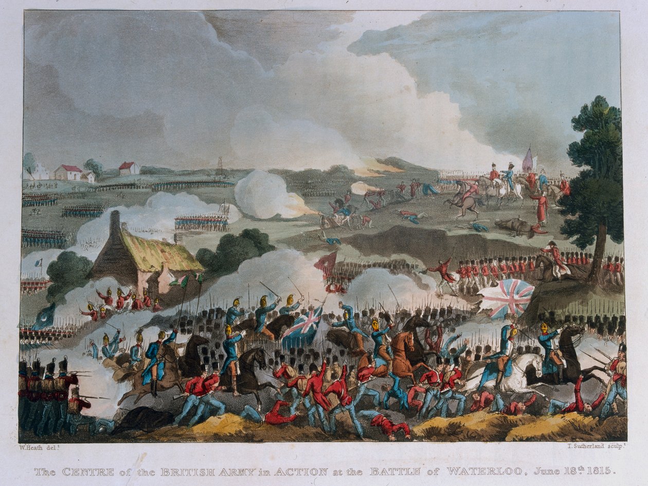 1815年のウォータールーの戦いで活動中のイギリス軍の中心（アクアチント） 作： ウィリアム・ヒース