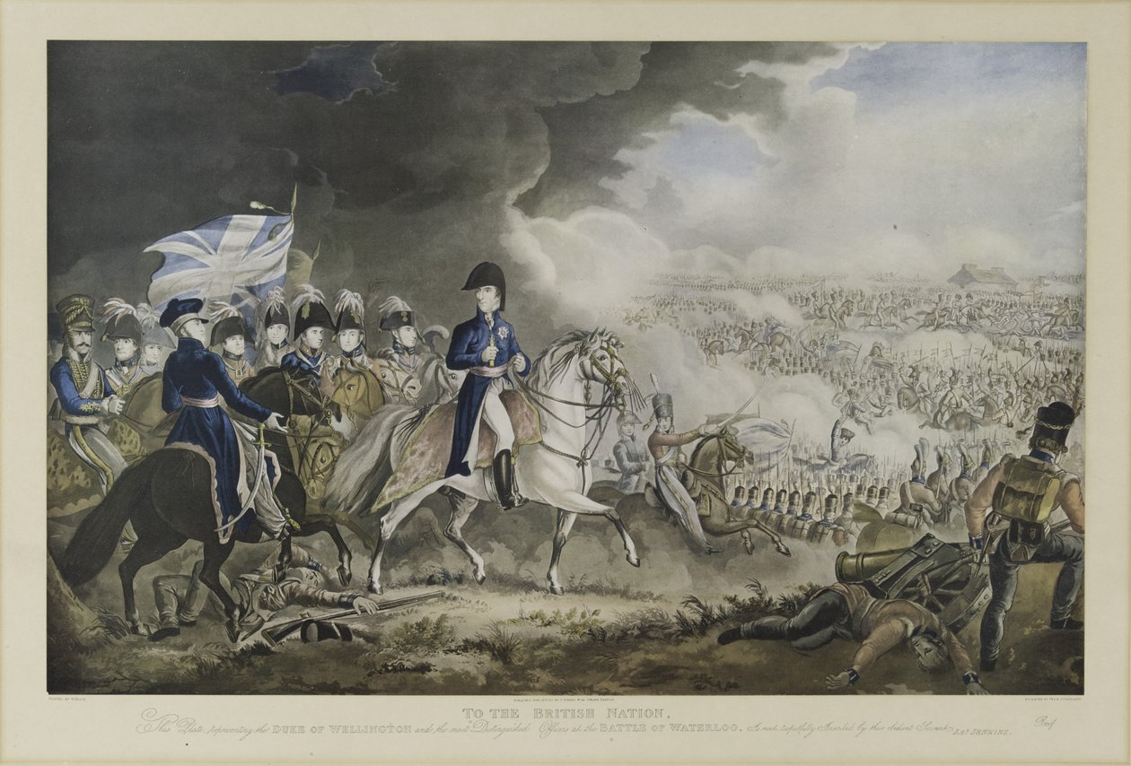 1815年6月18日、ウォータールーの戦いでのウェリントン公爵と最も著名な将校への「イギリス国民へ」、WT FryとT.サザーランドによるアクアチント、J。ジェンキンス発行、ロンドン、18 作： ウィリアム・ヒース