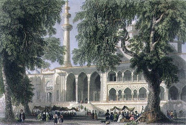 イスタンブールの「イェニ・ジャミ」（スルタナ・ヴァリッドのモスク）、J.C.ヴァラルの彫刻、1850年頃（アクアチント 作： ウィリアムヘンリー（後）バートレット