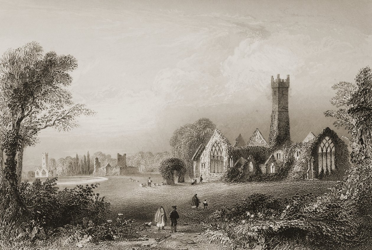 1860年代のジョージ・バーチューによる「アイルランドの風景と古代」からのアイルランド、リムリック州アデアのオーガスティン修道院 作： ウィリアム・ヘンリー・バートレット