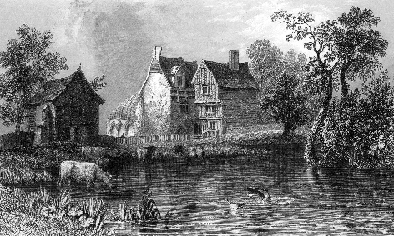 1832年、チャールズモットラムによって彫刻されたエセックス、マルドンの近くのビーリー修道院 作： ウィリアム・ヘンリー・バートレット
