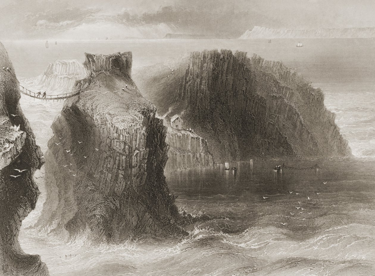 1860年代のジョージ・バーチューによる「アイルランドの風景と古代」からのキャリックアリードロープブリッジ、アントリム州、北アイルランド 作： ウィリアム・ヘンリー・バートレット