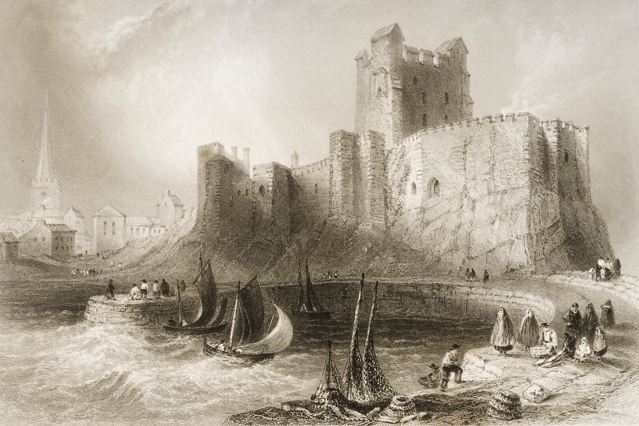 ジョージ・バーチュー著「アイルランドの風景と古代」1860年代から北アイルランド、アントリム州キャリックファーガス城 作： ウィリアム・ヘンリー・バートレット
