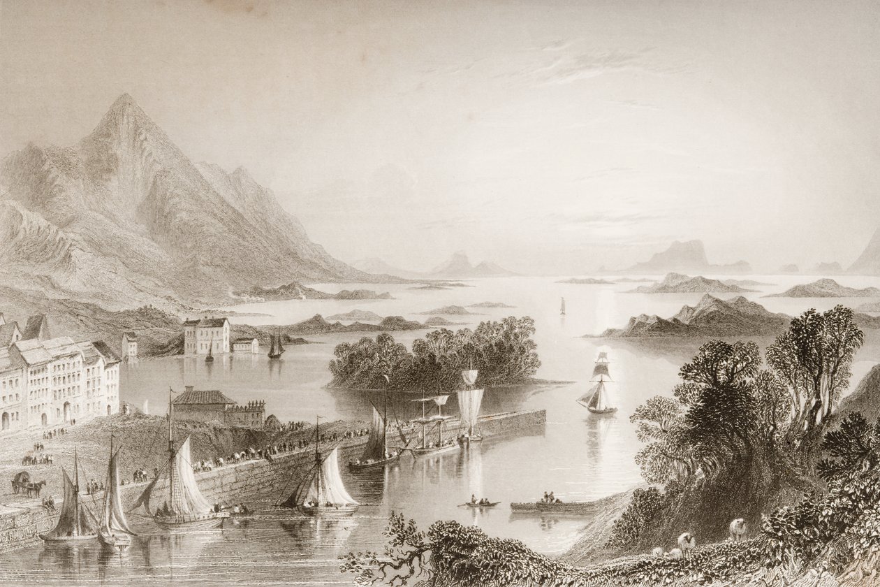 1860年代のジョージ・バーチューによる「アイルランドの風景と古代」から、メイヨー州ウェストポートから見たクルーベイ 作： ウィリアム・ヘンリー・バートレット