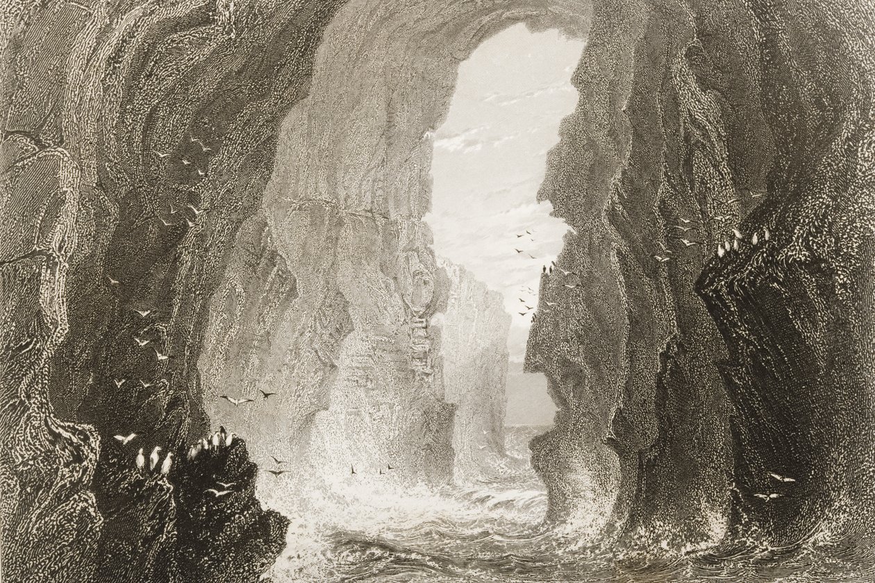 1860年代のジョージ・バーチュー著「アイルランドの風景と古代」から北アイルランド、アントリム州ダンケリー洞窟 作： ウィリアム・ヘンリー・バートレット