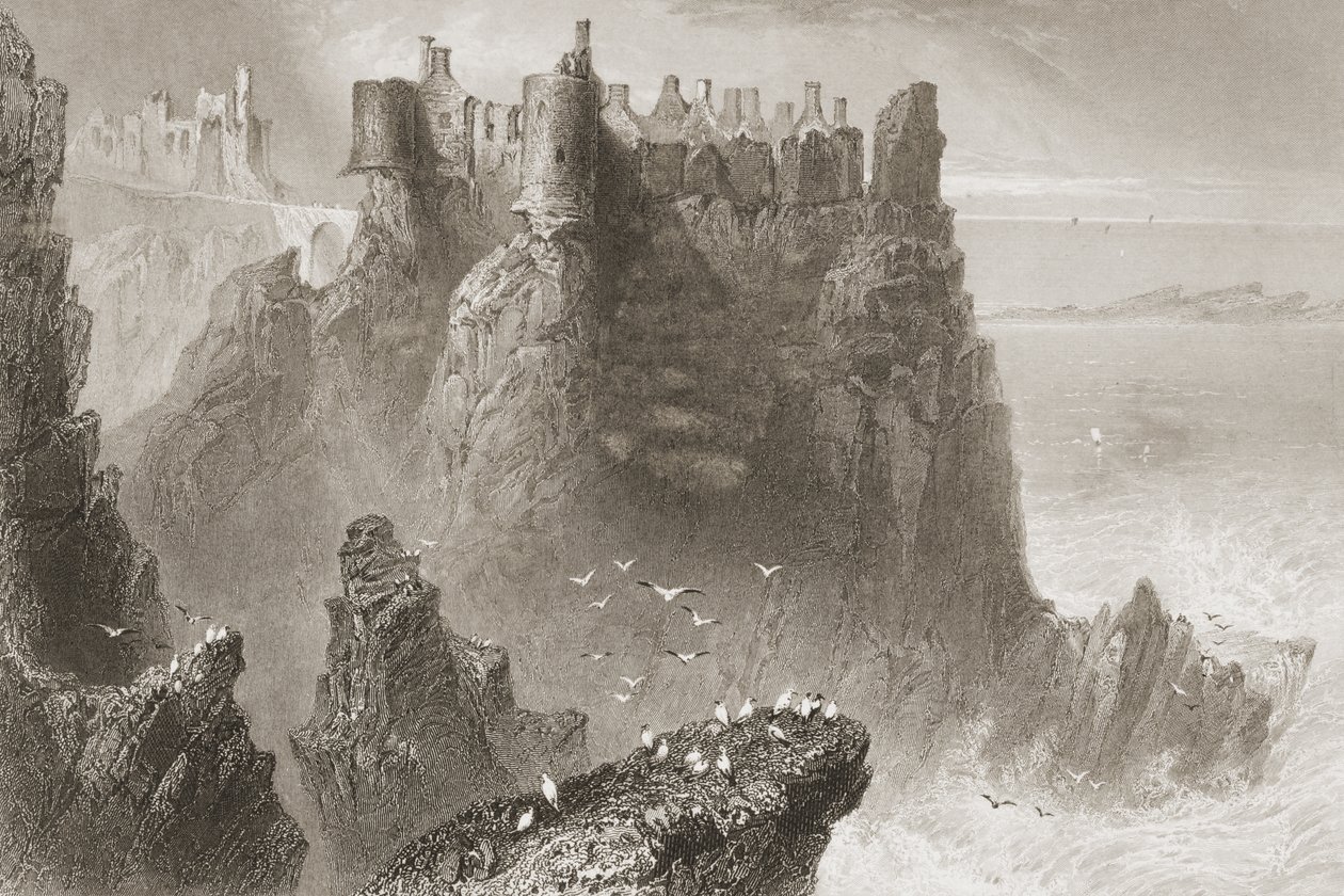 1860年代のジョージ・バーチューによる「アイルランドの風景と古代」からの北アイルランド、アントリム州ダンルース城 作： ウィリアム・ヘンリー・バートレット