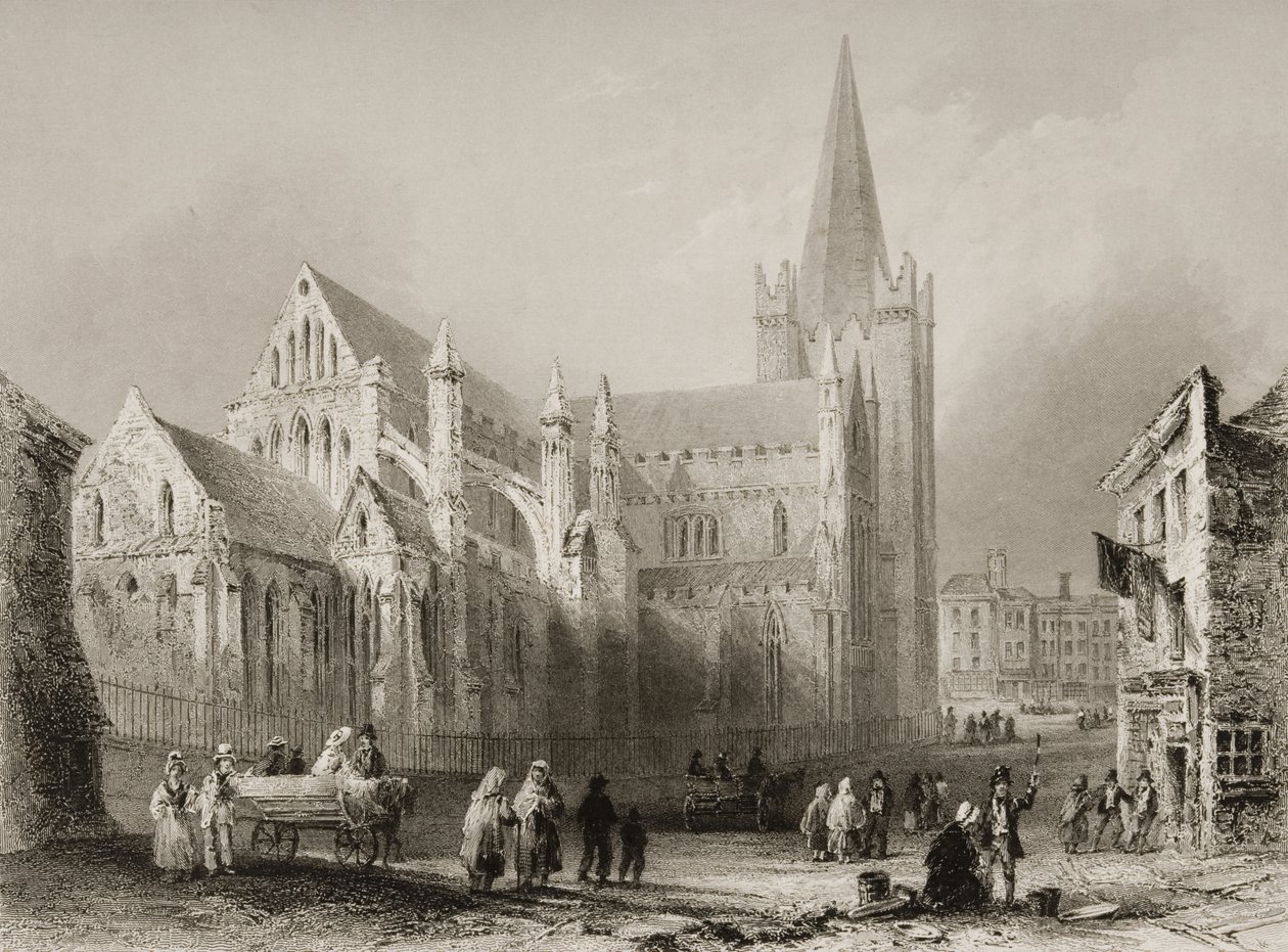 1860年代のジョージ・バーチューによる「アイルランドの風景と古代」からのダブリンの聖パトリック大聖堂の外観 作： ウィリアム・ヘンリー・バートレット