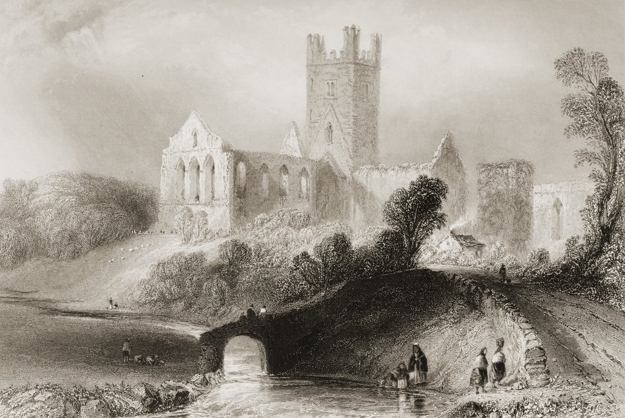 1860年代のジョージ・バーチューによる「アイルランドの風景と古代」からのアイルランド、キルケニー州のジャーポイント修道院 作： ウィリアム・ヘンリー・バートレット