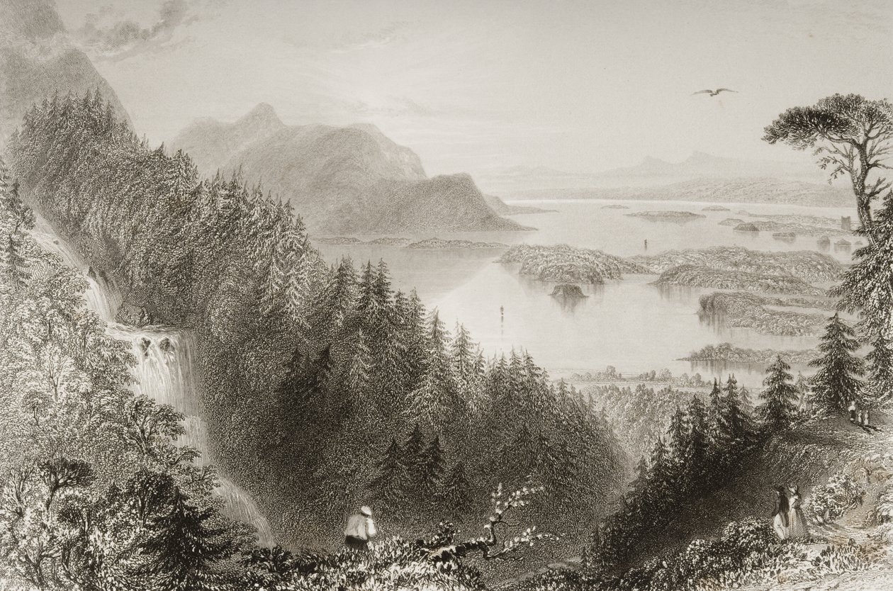 1860年代のジョージ・バーチュー著「アイルランドの風景と古代」から、アイルランド、キラーニー郡、ロワーレイクとタークレイクス 作： ウィリアム・ヘンリー・バートレット