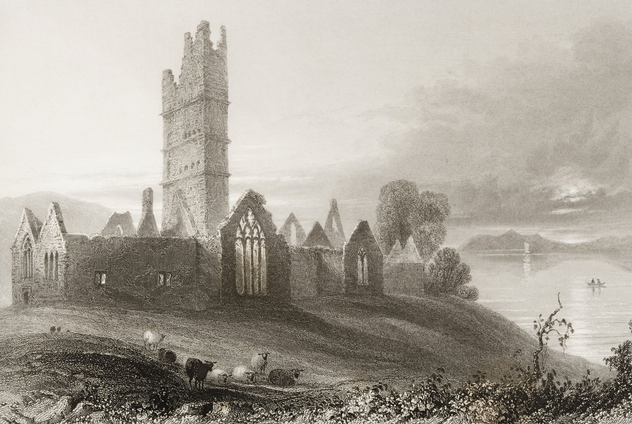 1860年代のジョージ・バーチューの「アイルランドの風景と古代」からのアイルランド、メイヨー郡のモイン修道院 作： ウィリアム・ヘンリー・バートレット