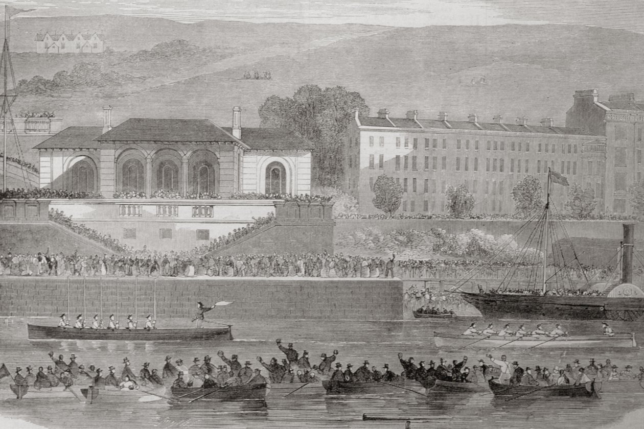 1860年代のジョージ・バーチューによる「アイルランドの風景と古代」からのアイルランド、コーク州、コークハーバーでの海軍ボートレース 作： ウィリアム・ヘンリー・バートレット