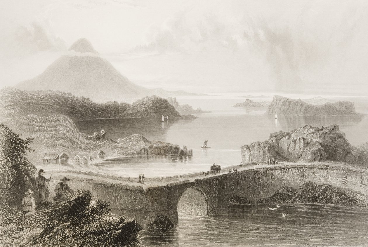1860年代のジョージ・バーチューによる「アイルランドの風景と古代」からのアイルランド、メイヨー州、ラフ・コンのポンツーン橋 作： ウィリアム・ヘンリー・バートレット