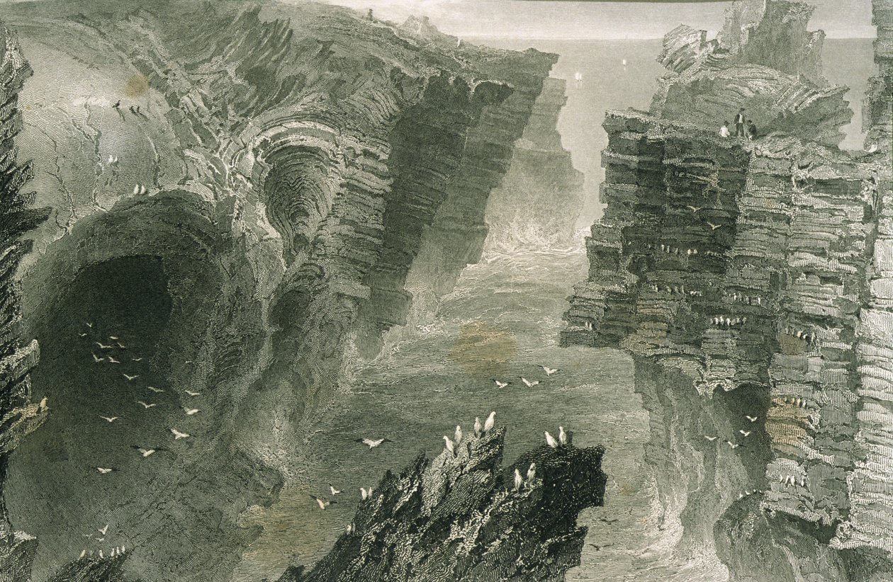 1860年代のジョージ・バーチューによる「アイルランドの風景と古代」からのアイルランド、クレア州キルキーのパフィンホール 作： ウィリアム・ヘンリー・バートレット