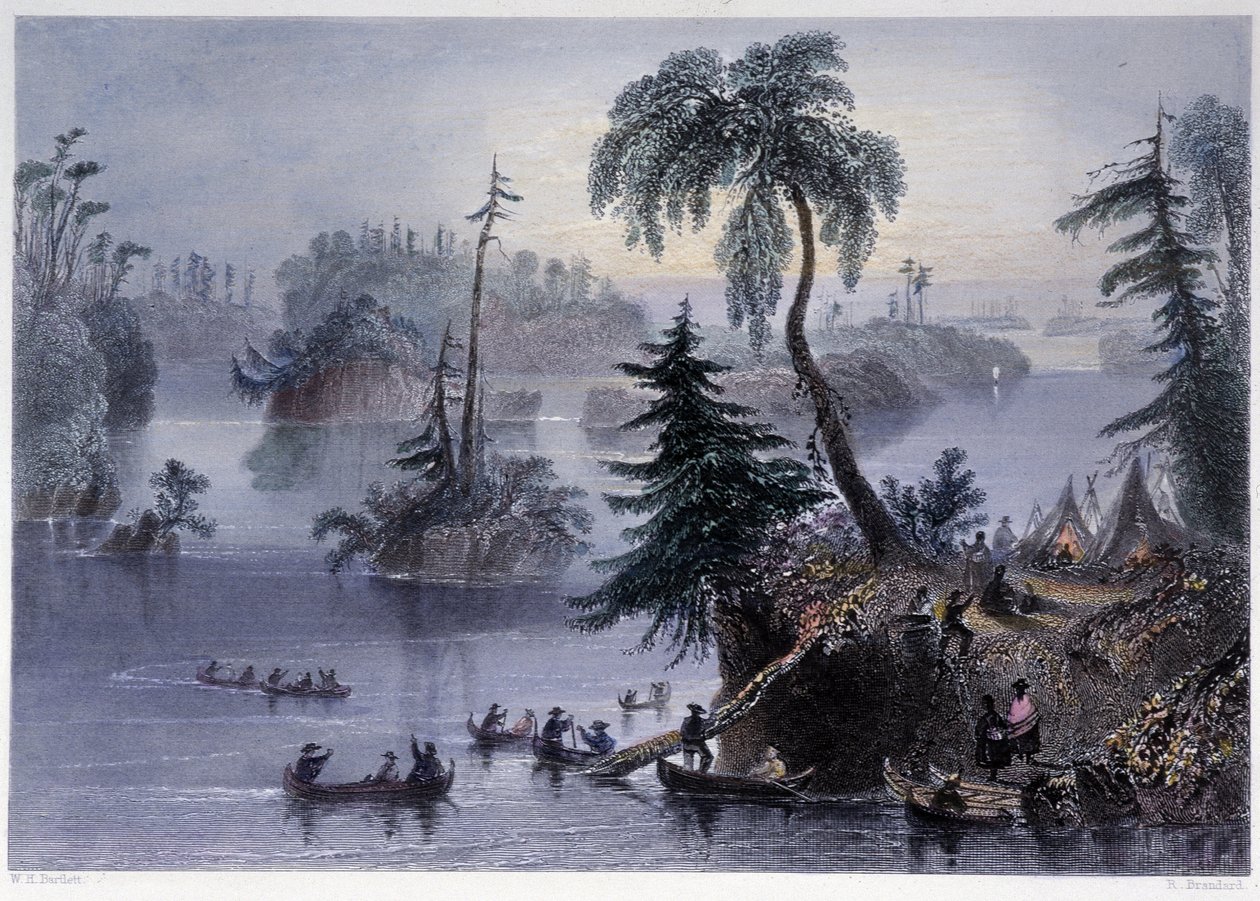 サウザンド・アイルズの風景。Camp and Boats, Mille îles - Bartlett W. H. による「Canadian scenery illustrated」の中で。 作： ウィリアム・ヘンリー・バートレット