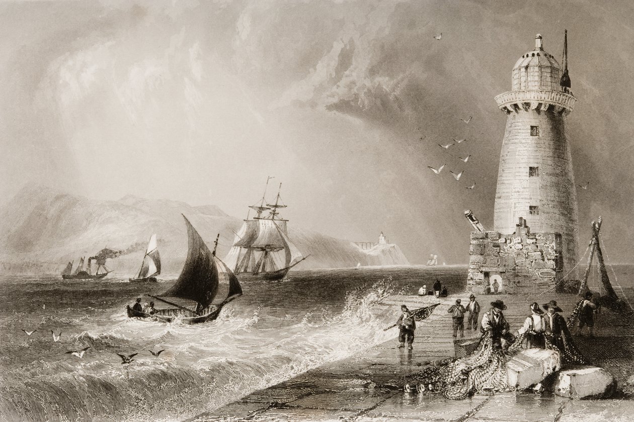 1860年代のジョージ・バーチューによる「アイルランドの風景と古代」からのダブリンの遠くにあるハウスヒルのあるサウスウォール灯台 作： ウィリアム・ヘンリー・バートレット