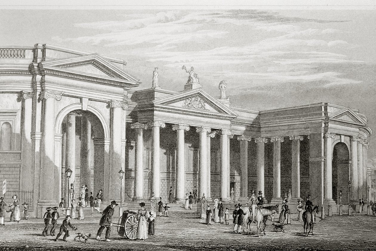 1729年代にジョージヴァーチュー作「アイルランドの風景と古代」から1860年に建てられたアイルランド銀行、ダブリン 作： ウィリアム・ヘンリー・バートレット
