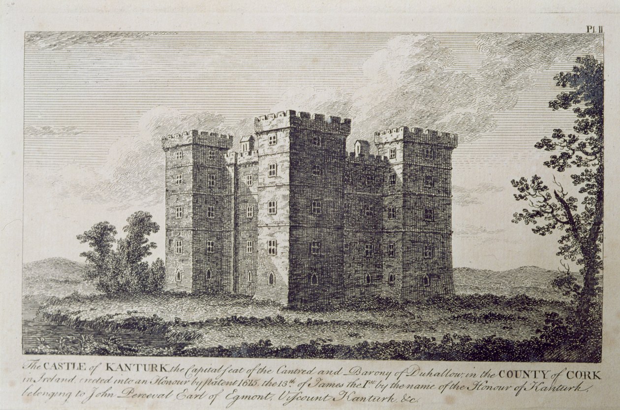 1800年代のアイルランド、コーク州のカントゥルク城、ジョージヴァーチュー著「アイルランドの風景と古代」 作： ウィリアム・ヘンリー・バートレット