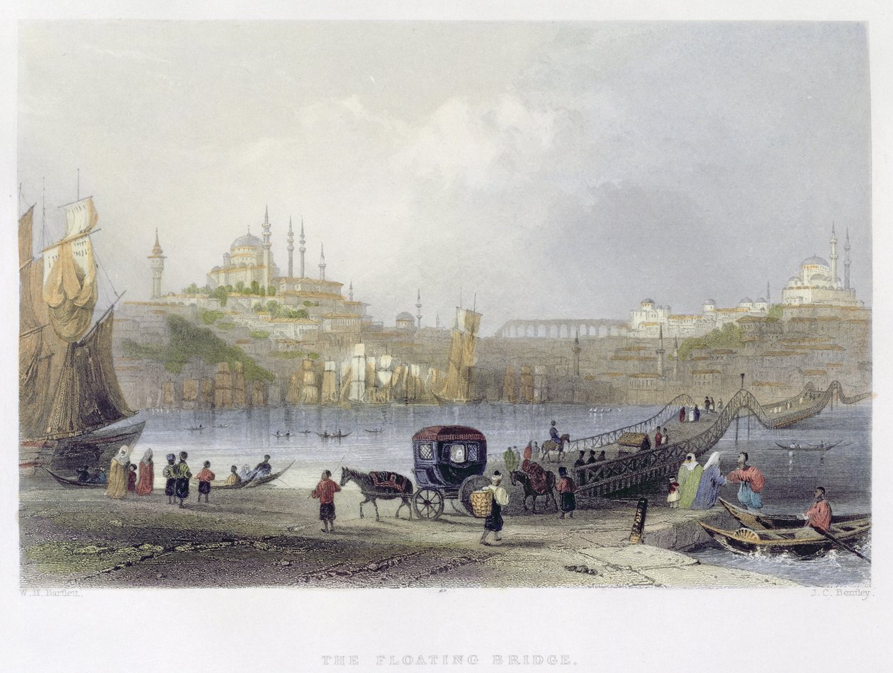イスタンブールの浮橋、JCベントレーによって彫刻された、1850年頃（アクアチント） 作： ウィリアム・ヘンリー・バートレット