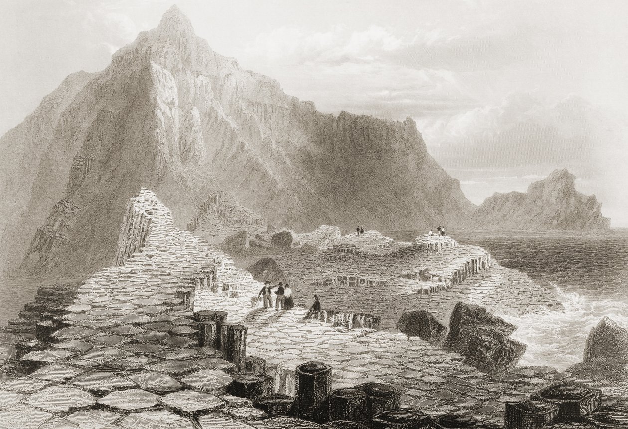 1860年代のジョージ・バーチューによる「アイルランドの風景と古代」からのアイルランドのアントリム州の巨人の土手道 作： ウィリアム・ヘンリー・バートレット