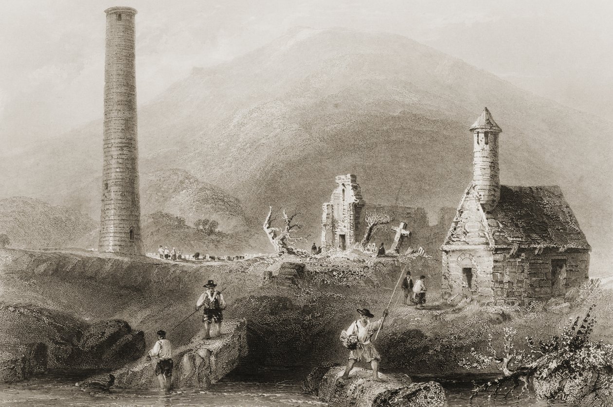 1860年代のジョージ・バーチューによる「アイルランドの風景と古代」からのアイルランド、ウィックロー州グレンダーロッホの遺跡 作： ウィリアム・ヘンリー・バートレット