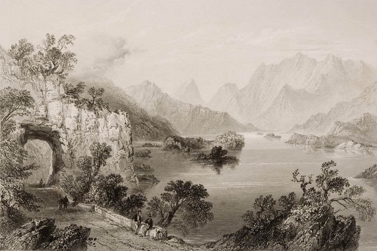 1860年代のジョージ・バーチューによる「アイルランドの風景と古代」からのアイルランド、キラーニー州キラーニーのアッパーレイク 作： ウィリアム・ヘンリー・バートレット