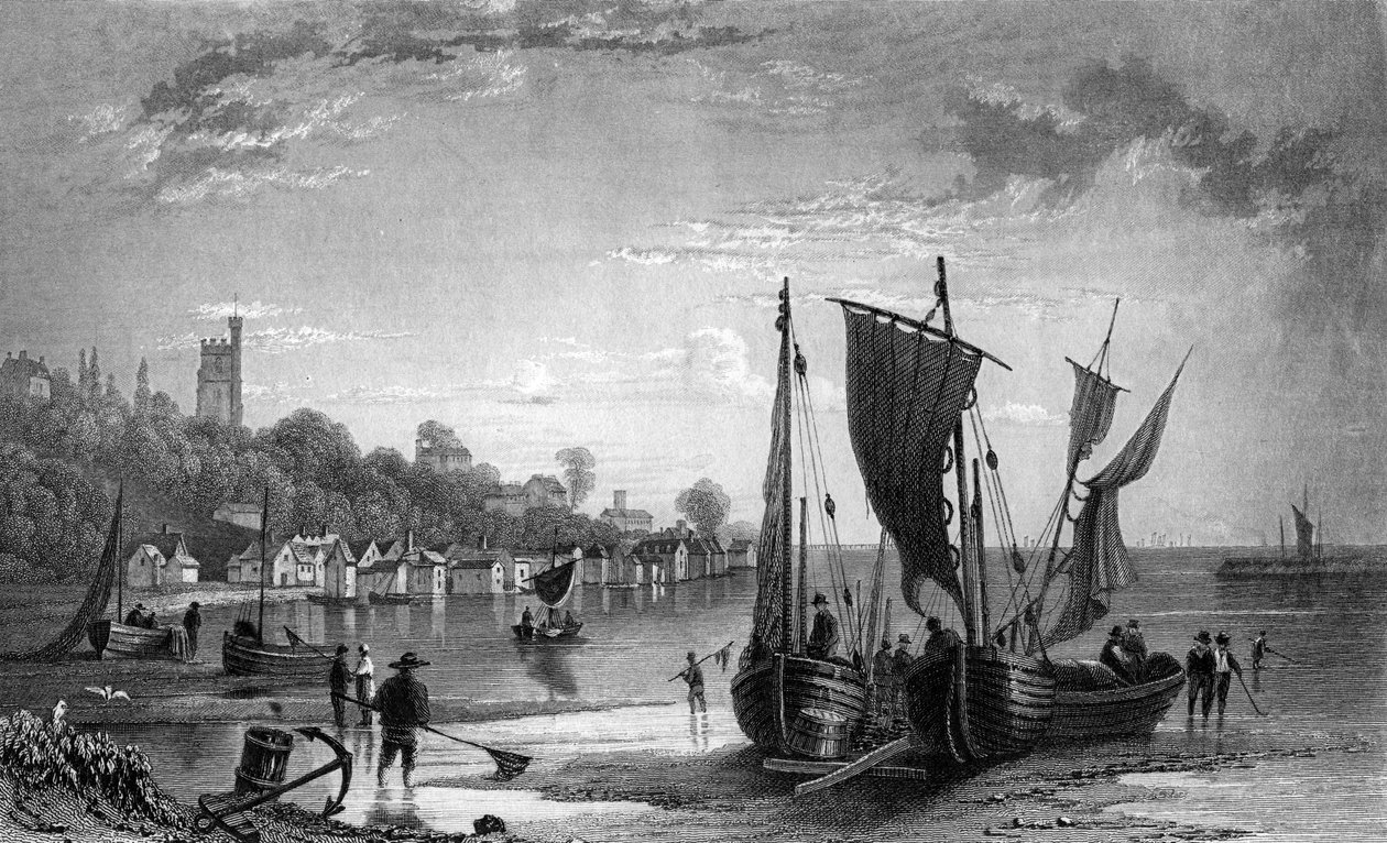 チャールズモットラムによって刻まれたエセックスのサウスエンド近くのリーの村、1833年 作： ウィリアム・ヘンリー・バートレット