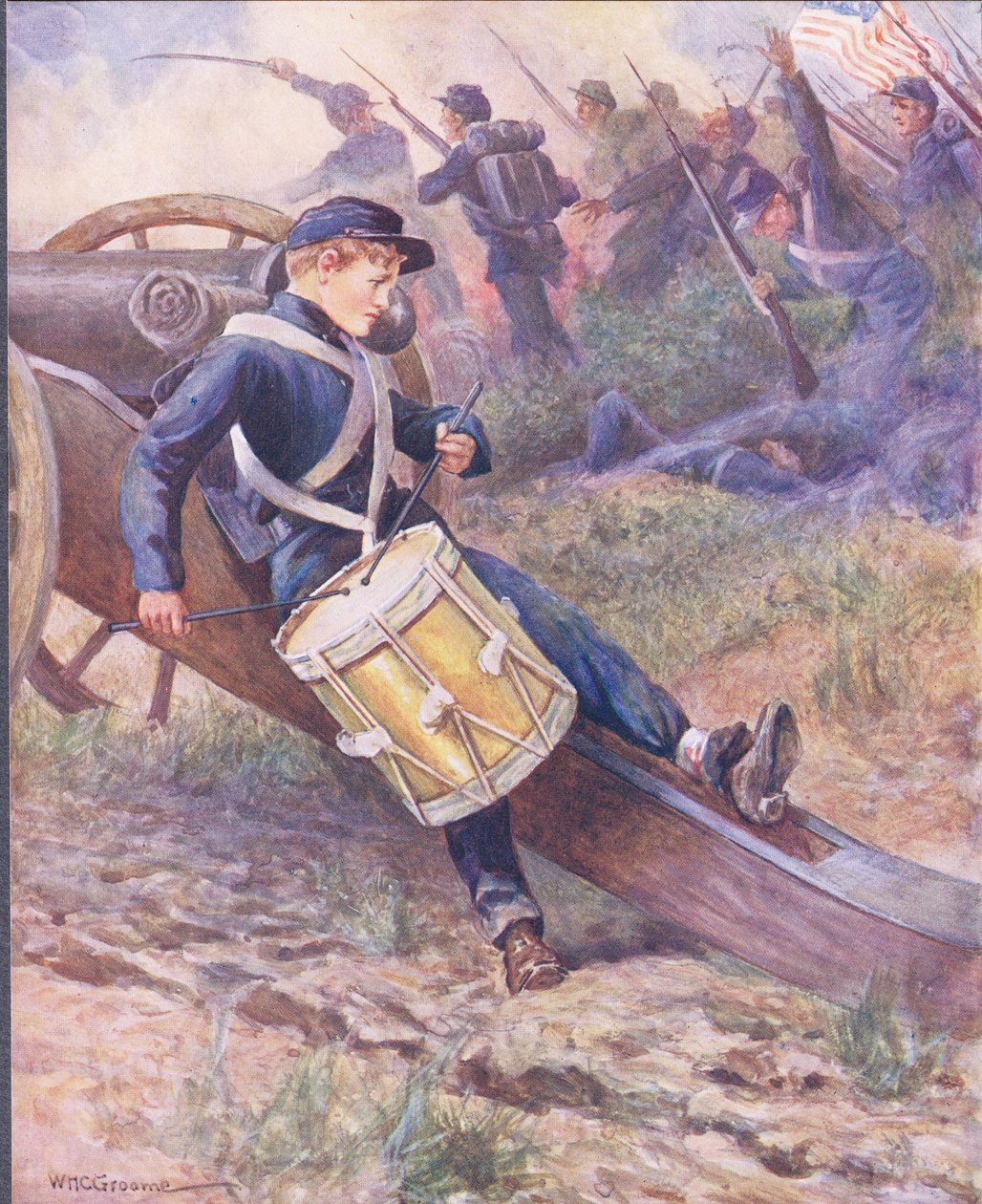 彼は大砲の後ろを這い、「有名な戦いのバラッド」c.1900からのイラストを描いた 作： ウィリアム・ヘンリー・チャールズ・グルーム