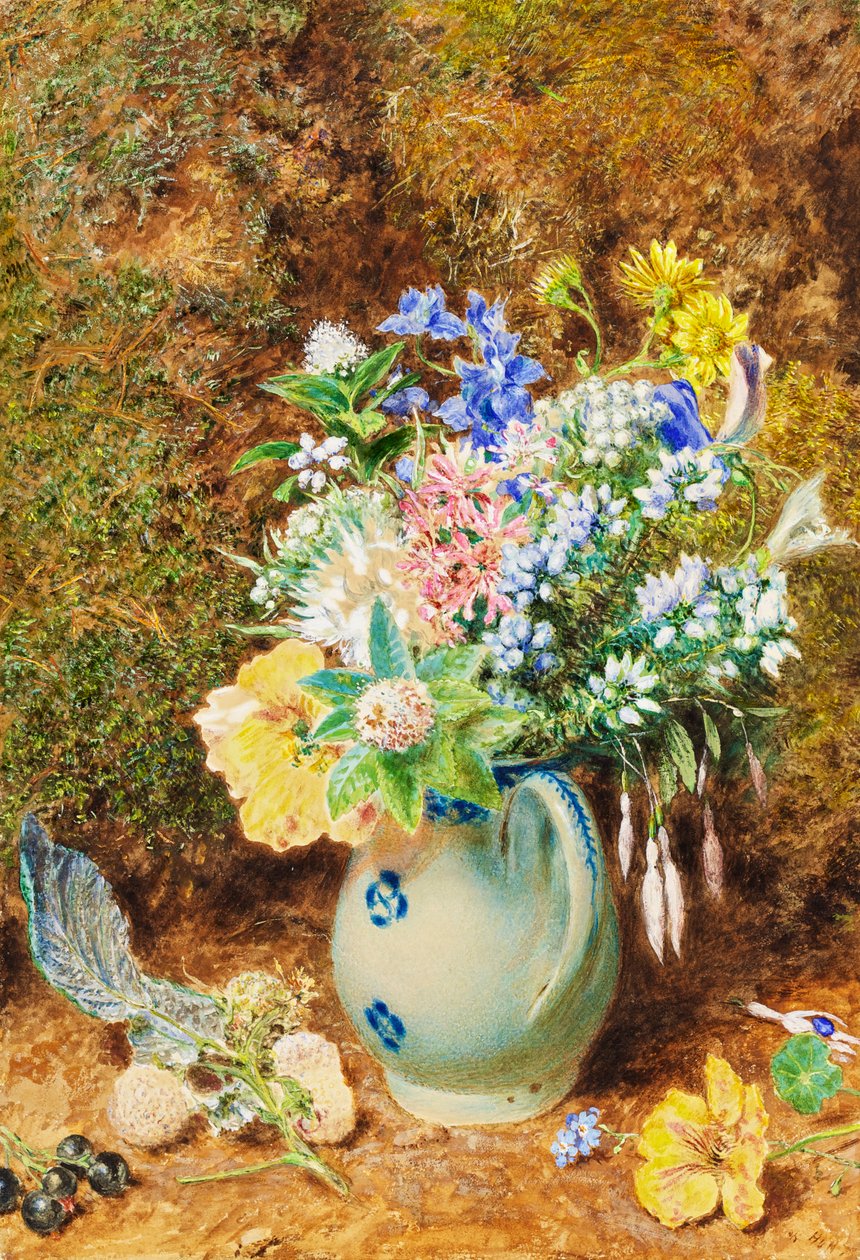 ヒースと小さな花が入ったペールブルーのチャイナ水差し、1860年頃 作： ウィリアム・ヘンリー・ハント
