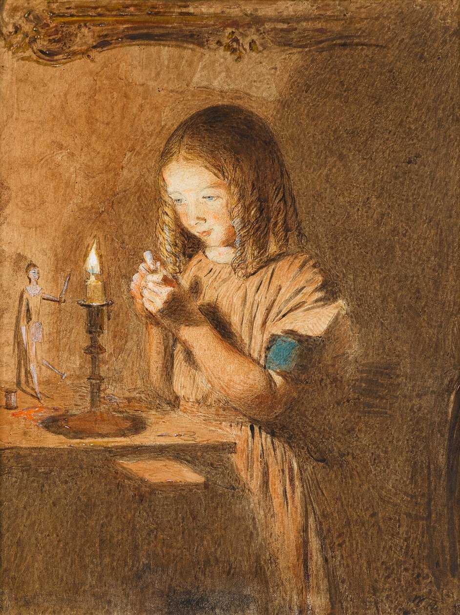 針を通す：若い女性の裁縫師、c.1845（紙にトイレ） 作： ウィリアム・ヘンリー・ハント