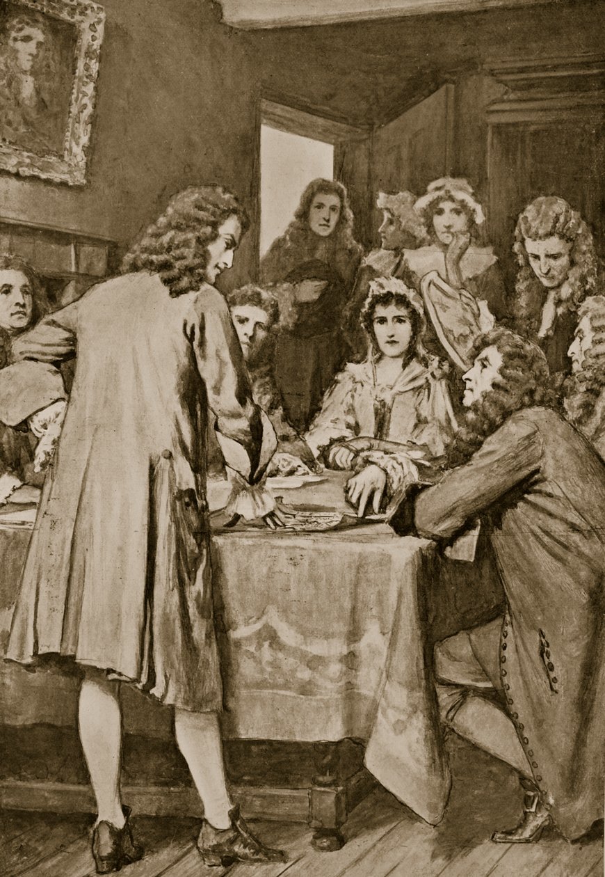 1694年、エディンバラのダリエン計画を説明するパターソン、「ハッチンソンのイギリス国民の物語」、1923年頃のイラスト 作： ウィリアムヘンリーマージソン