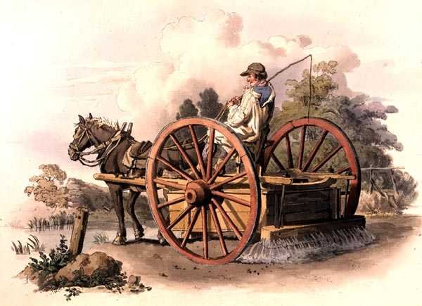 ウィリアム・ミラー社発行の「Costume of Great Britain」より「Watering Cart」。 作： ウィリアム・ヘンリー・パイン