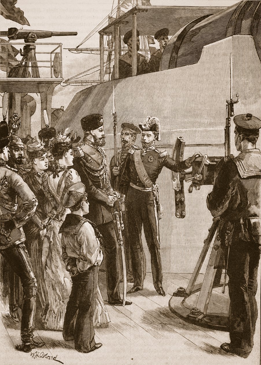 クロンシュタットのフランス艦隊：皇帝の訪問、1891年、「カッセルの図解されたイングランドの歴史」からのイラスト（セピア写真） 作： ウィリアムヘイシャムオーバーエンド
