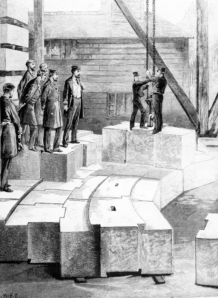 新しいエディストーン灯台：オレストンの石を切り開いた建物、1879年の「イラストレイテッドロンドンニュース」のイラスト 作： ウィリアムヘイシャムオーバーエンド