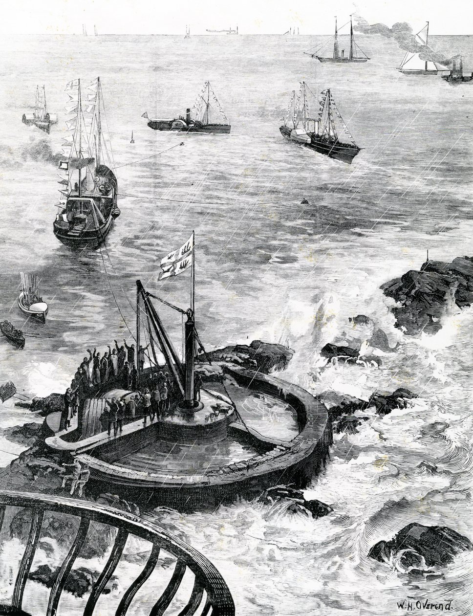 1879年の「イラストレイテッドロンドンニュース」のイラストによる、新しいエディストーン灯台の礎石を築くプリンスオブウェールズとエジンバラ公 作： ウィリアムヘイシャムオーバーエンド