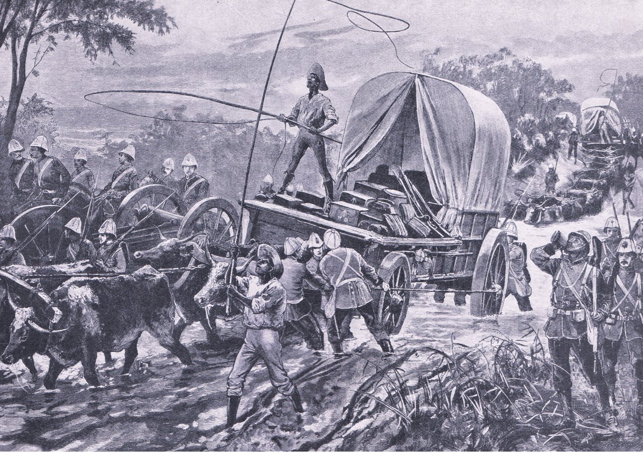 ズールー戦争：1879年4月、小川を渡るエストー救済部隊、陸と海でのイギリスの戦いのイラスト、1915 作： ウィリアムヘイシャムオーバーエンド