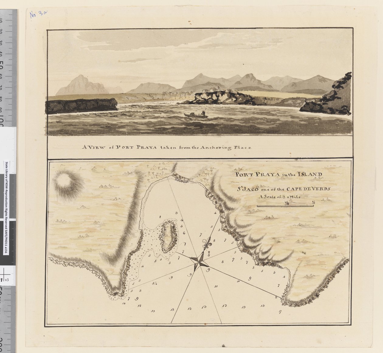 ページ3a カーボベルデ諸島のセント・ジャゴ島のポート・プラヤの図。タイトルは "Port Praya in the Island St Jago one of the Cape de Verds sic A scale of 2 to 1/2 a mile" / A View of Port Praya taken from the anchoring place.". 作： ウィリアムホッジス