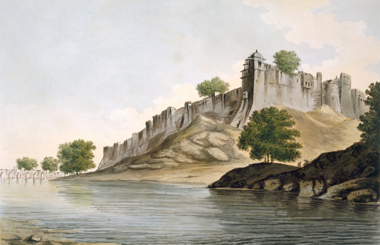 Pl。 33「Select Views in India」のパブにあるGoomty川のほとりにあるIlionpoorの砦の眺め。 1785-88（アクアチントで着色されたエッチング） 作： ウィリアムホッジス