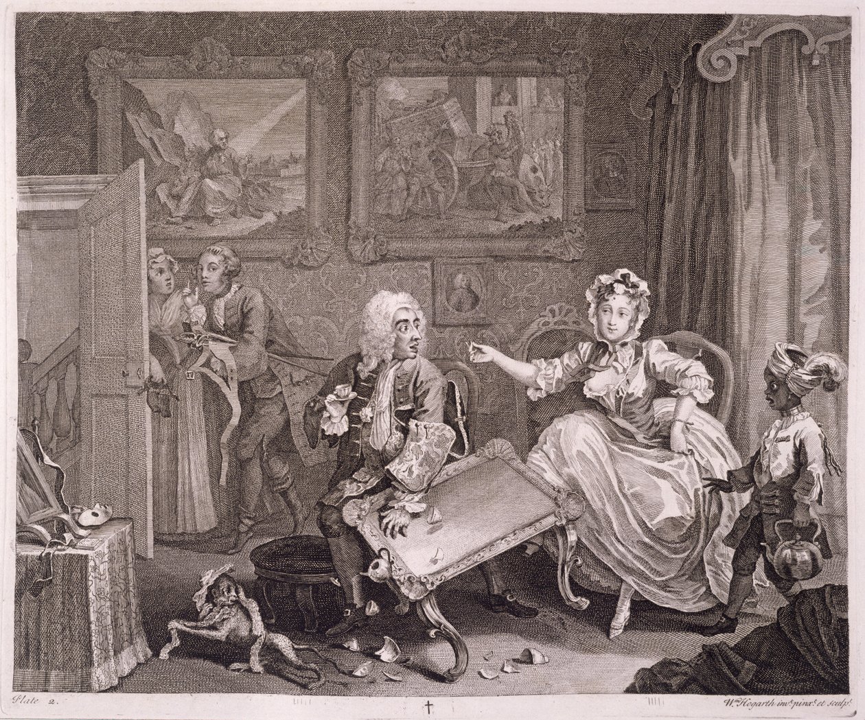 1820-22年にロンドンで出版された「ウィリアムホガースのオリジナル作品と本物の作品」のハーロットの進歩、プレートII 作： ウィリアム・ホガース