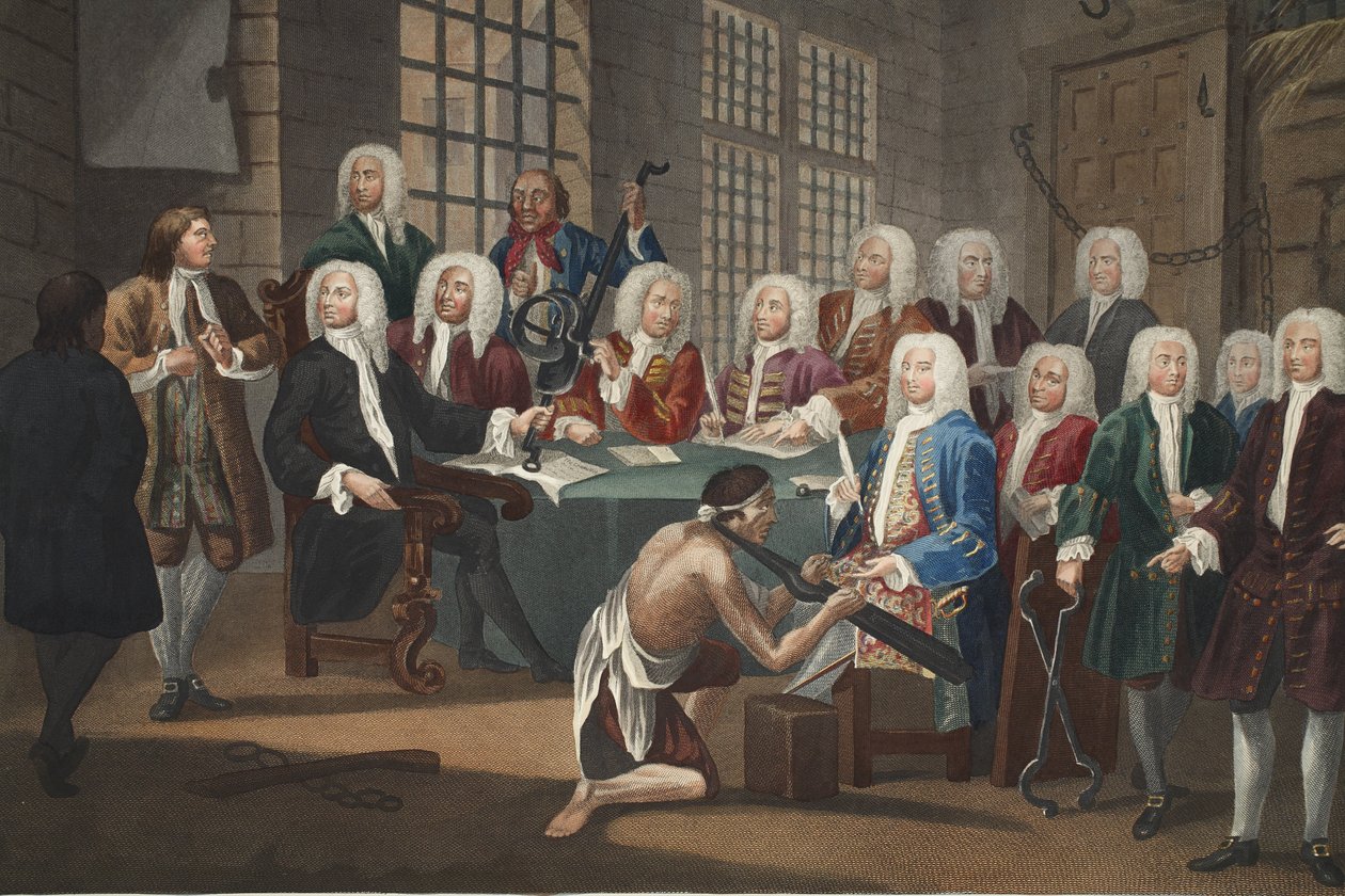 庶民院の委員会による殺人の公判中のバンブリッジ、「Hogarth Restored: The Whole Works of the Celebrity William Hogarth, re-engraved by Thomas Cook」のイラスト、パブ。 1812年（手彩色彫刻） 作： ウィリアム・ホガース