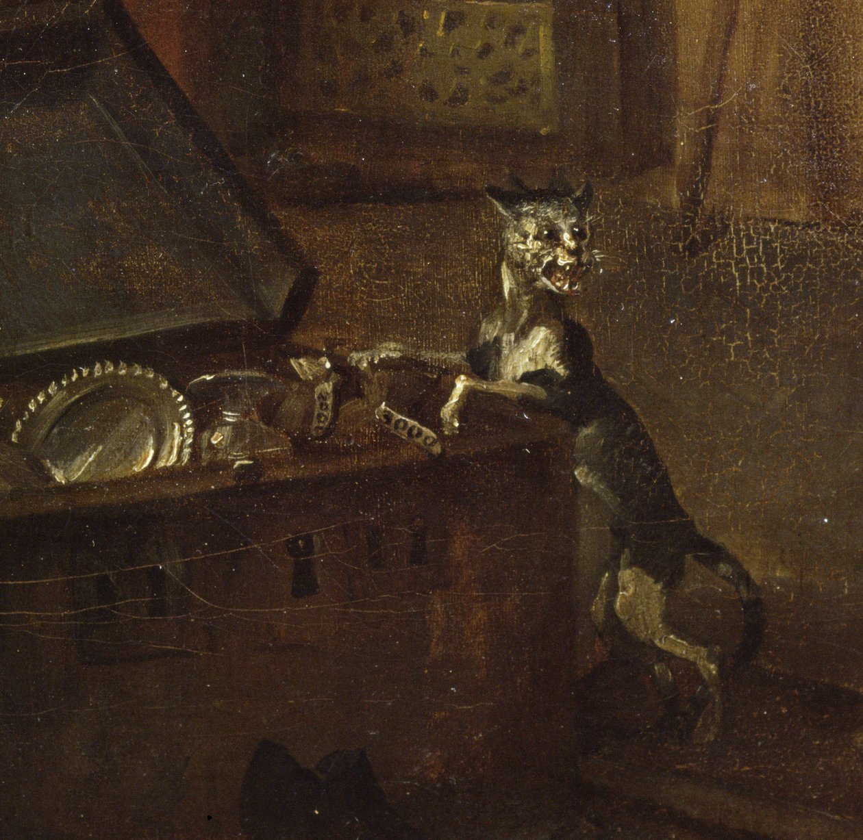 チェスト付きの猫、詳細はA Rakes Progress I：The Rake Takeing Possession of his Estate、1733油彩、キャンバス72723 作： ウィリアム・ホガース